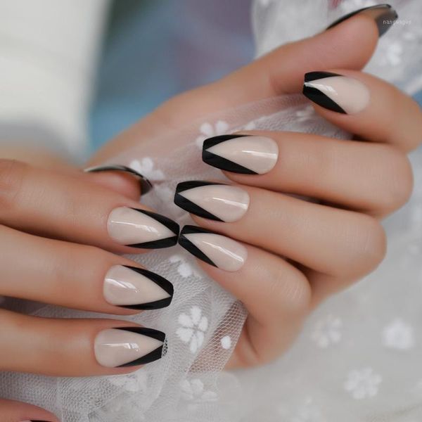 

french coffin designed medium nails nude natural color tuxedo suit fake ceremony acrylic full cover nail tips1, Red;gold