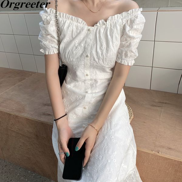 

sweet puff sleeves white dress for women summer off shoulder ruffled floral embroidery temperament fishtail 210525, Black;gray