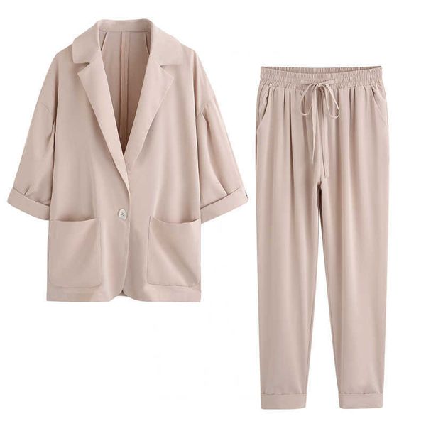 

perhaps u pink khaki turn down collar notch collar blazer elastic waist pants women two pieces set t0180 210529, White