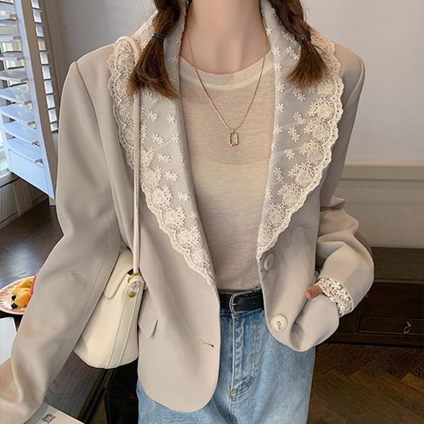 

women's suits & blazers [ewq] korea chic temperament black lace pliced blazer women autumn 2021 notched loose single breasted long slee, White;black