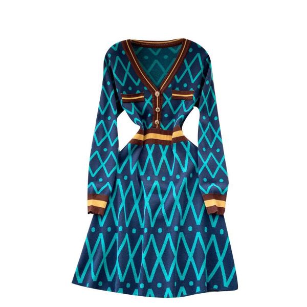 

casual dresses fashion printed women's knitted dress elegant v-neck waist contrasting color retro ladies vestidos, Black;gray