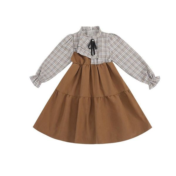 

girl's dresses girls' autumn spring patchwork big children's fake two-piece plaid long sleeve dress kids retro princess 4-14, Red;yellow