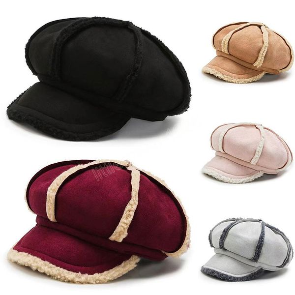 

simple fashion deerskin velvet octagonal hat autumn winter warm outdoor berets hat all match stylish furry lambswool caps, Blue;gray