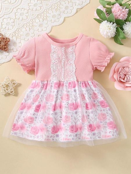 

baby floral contrast mesh dress she, Red;yellow