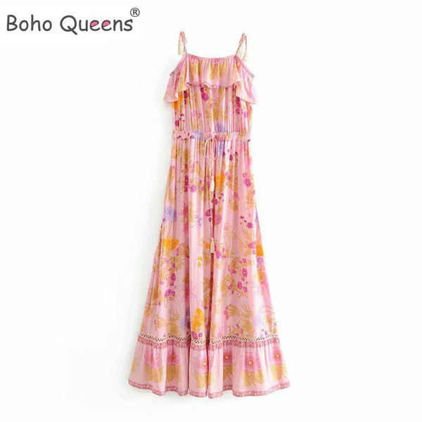 

casual dresses boho queens vintage floral print tassel strap maxi dress women 2021 fashion drawstring beach vestidos, Black;gray