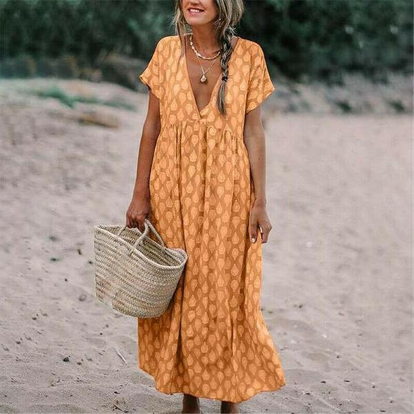 

summer boho women dress v neck sundress print beach short sleeve party long plus size vestidos s 2xl, Black;gray