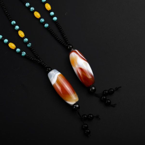 

pendant necklaces natural mineral rubular agate necklace eyed onyx tibetan buddhist beads sweate chain healing reiki ethnic jewelry gift, Silver