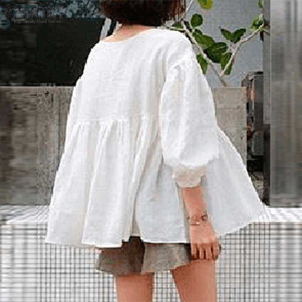 

women's blouses & shirts blouses elegant pleated spring puff sleeve o-neck blouse casual solid loose office ladies cotton plus siz b95, White