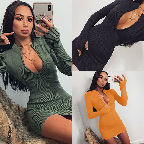 

women autumn bodycon ribbed dress 2021 zipper deep v-neck solid stretch bodycon pencil party mini dress, Black;gray