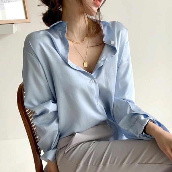 

women's blouses & shirts wonder elegant stain turn-down collar ol style long sleeve single-breasted female blouse korean spring bl, White