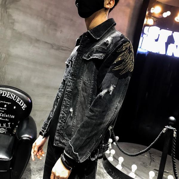 

men's jackets 2023 punk style fashion eagle embroidered patch jean jacket men denim streetwear slim black, Black;brown