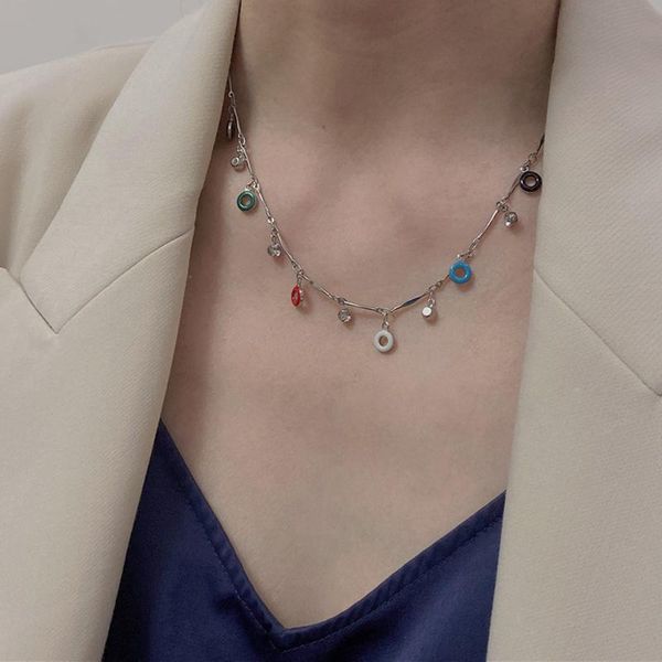 

chains gsold retro enamel colorful small circle charm necklace for girl women silver color temperament clavicle chain party jewelry