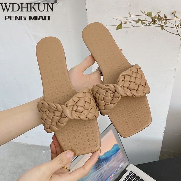 

slippers fashion weave women square toe flat casual shoes slide 2021 summer flip flops beach sandal slipper big size42 ldm9, Black