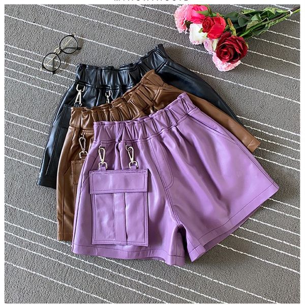 

women's pants & capris 2021 high-quality female fashions high-rise chic leather real sheep broad-leg short c122, Black;white