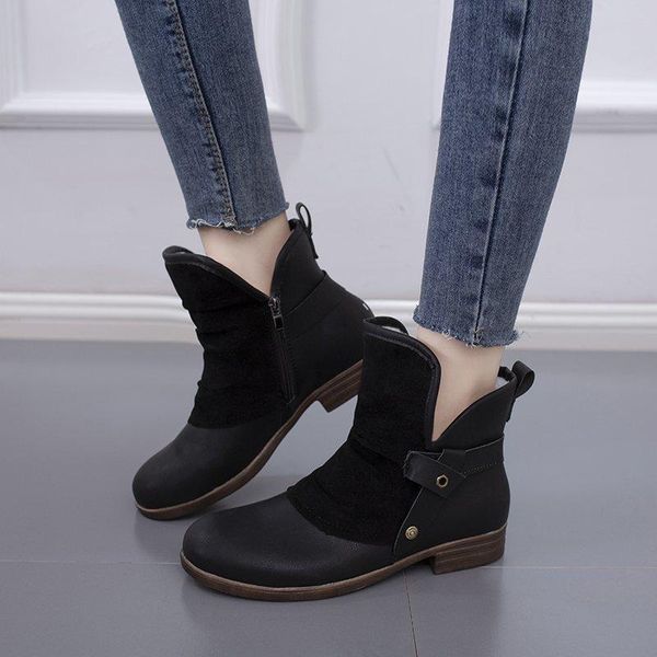 

women's shoes snow boots ladies winter flock warm ankle short bootie slip-on square heel outside botas, Black