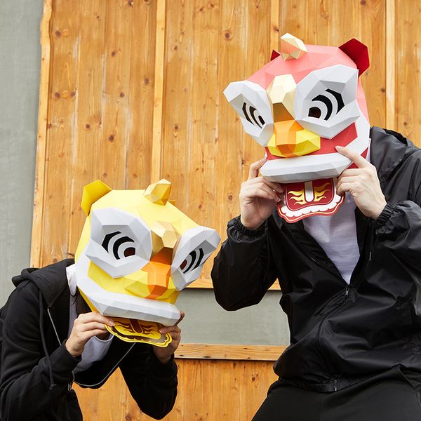 

mascot doll costume 3d paper chinese lion dance head mask headgear animal halloween props woman men party role play dress up diy craft mask, Red;yellow