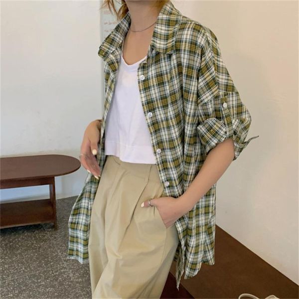 

women's blouses & shirts hzirip ol femme gentle loose-fitting work wear plaid 2021 basic business vintage summer short sleeves, White