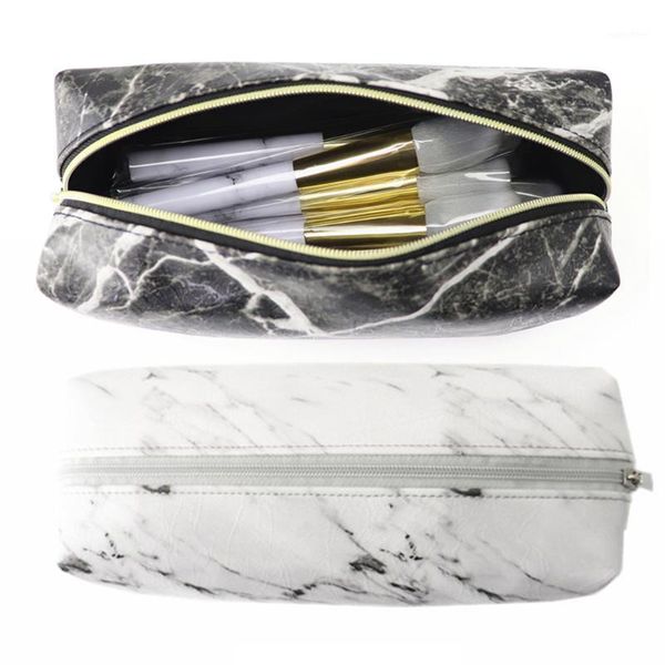 

arrival 1 pc portable storage marble pattern cosmetic toiletry makeup bag pouch gold zipper brushes pu leather bag1
