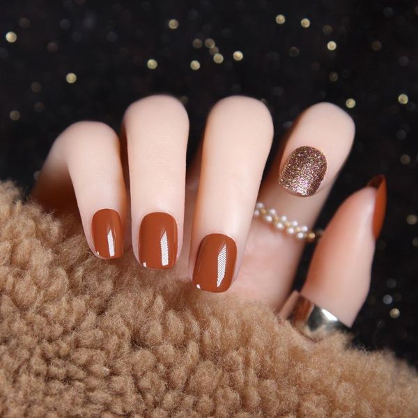 

24pcs autumn and winter gold flash powder removable false nails ti, Red;gold