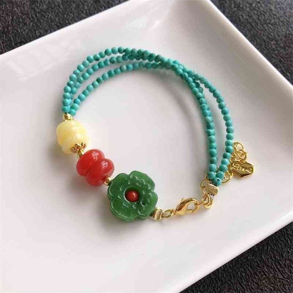 

natural raw turquoise duobao bracelet with jasper south red wax, Black
