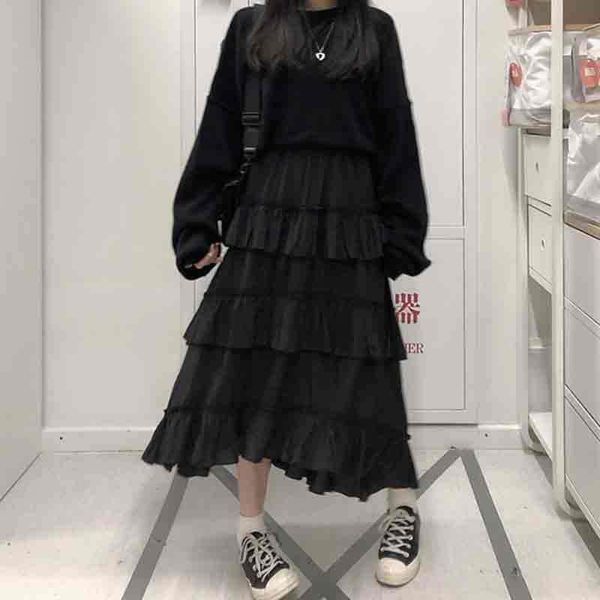 

japanese lolita style solid womens skirts midi high waist black white soft chiffon cute kawaii ruffles flowy layered