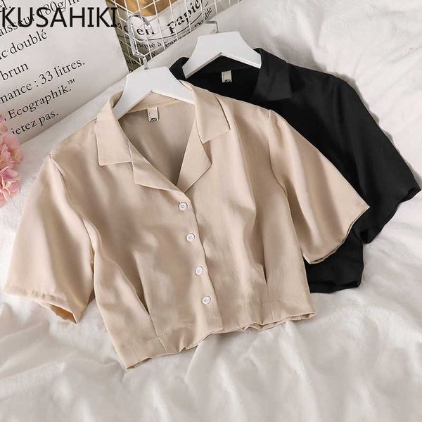 

kusahiki short chiffon women blouses spring summer notched collar shirt causal single breaste dshort sleeve blusas 6f395 210602, White