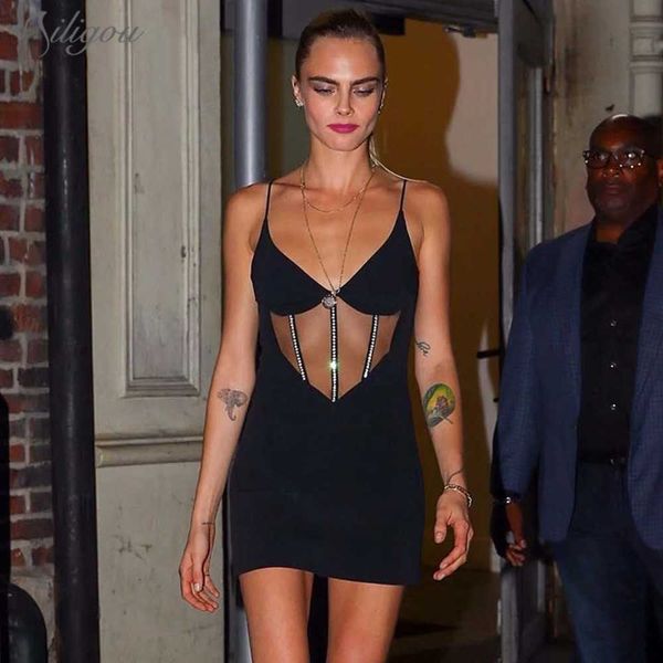 

crystal embellished bandage dress mesh hollow black bodycon celebrity nightclub party 210527, Black;gray