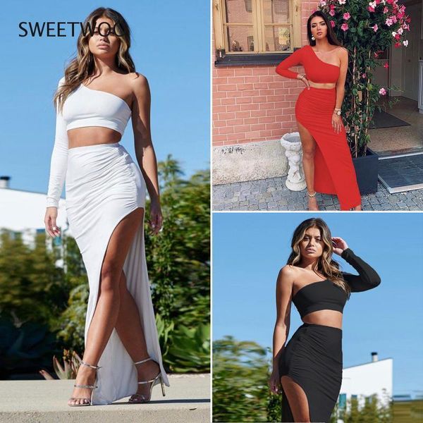

summer female crop long skirts two pieces set white party club wear split sets casual clothes 2021, Black