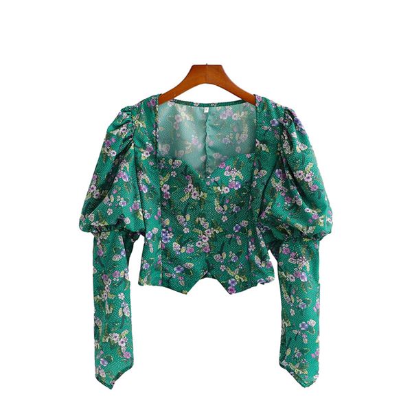 

vinatge woman square collar chiffon short blouse spring elegant ladieds soft printed shirt female chic puff sleeve 210515, White