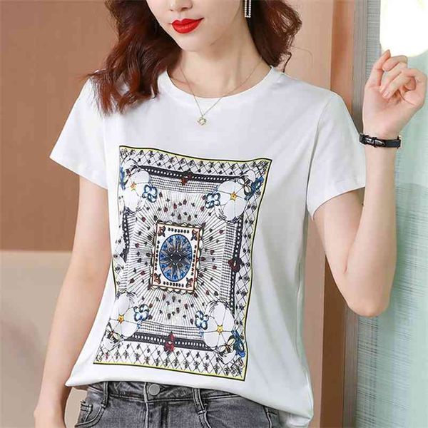 

the summer satin printing t-shirt women short sleeve casual o neck large size -3xl for women 210507, White