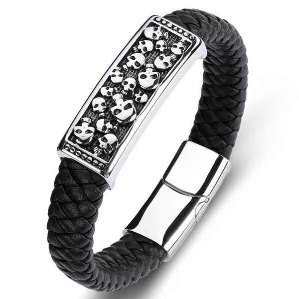 

charm bracelets multicolor braided leather bracelet men punk rock jewelry stainless steel skull bangles boys male trendy wristband p105, Golden;silver