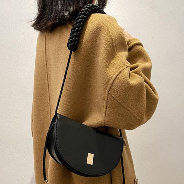 

half-moon bags design women leather oblique satchel flap crossbody bag weave strap shoulder lady messenger sling purse cross body