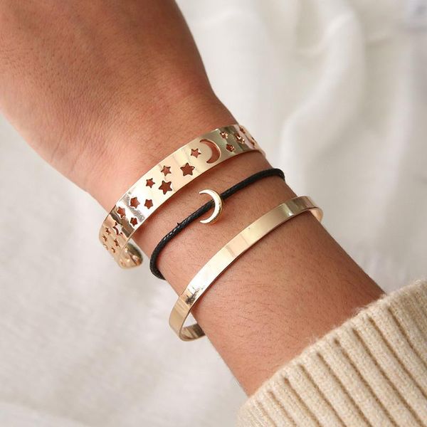 

cuff 3 pcs/ set women fashion hollow moon star leather multilayer gold silver bracelet clothing jewelry gifts, White