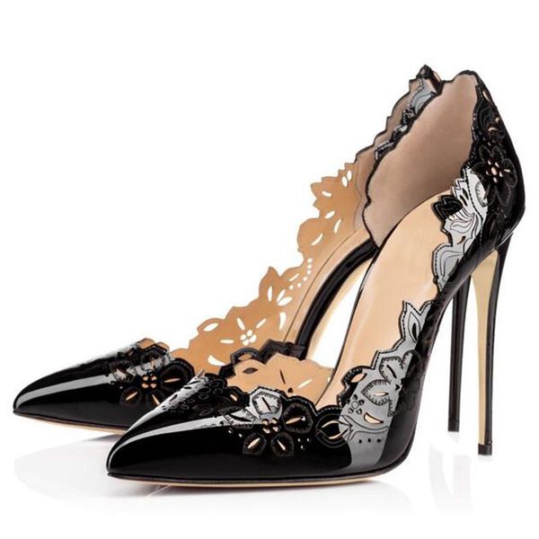 

designer black white leather wedding shoes pointed toe high heels fashion cut out ladies shoe stiletto dress women