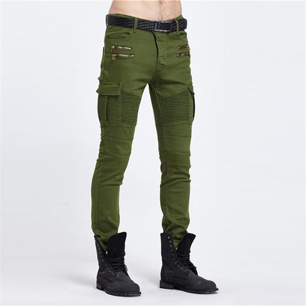 

men's jeans biker punk style cargo pocket skinny men mens designer clothes zipper denim pants green black 3h3w, Blue