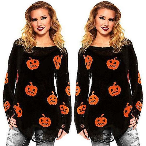 

women's sweaters women fashion halloween hollow out pumpkin print long-sleeve sweater pullovers casual round neck knit autumn pullover, White;black