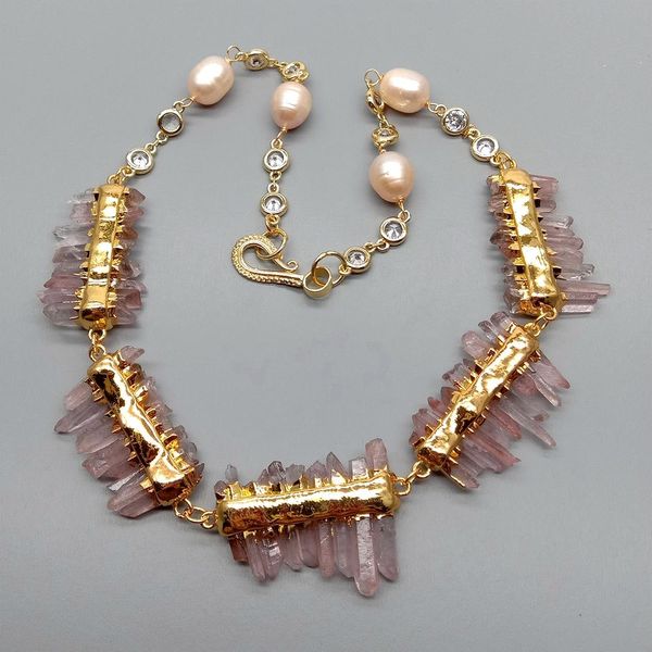 YYGEM Collana girocollo con catena di perle d'acqua dolce di riso rosa coltivato grezzo di quarzo lepidocrocite naturale