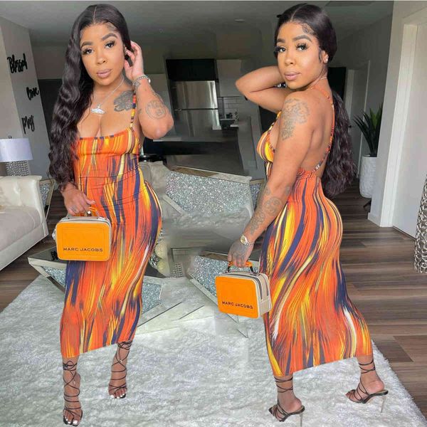 

summer 2021 news fashion stripe print midi length dress ladies spaghetti strap backless party dresses, Black;gray
