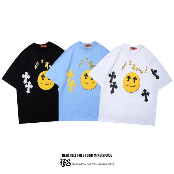 

t shirt gaojiechao cartoon smiley cross foam printing hip hop men and women leisure short sleeve lovers, White;black