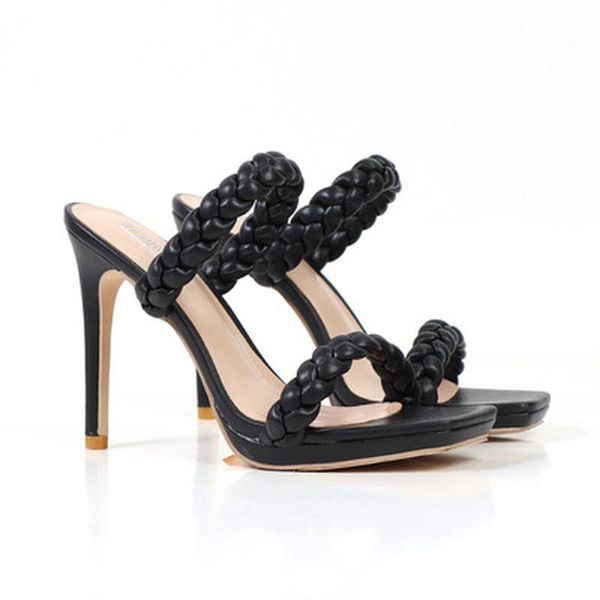 

dress shoes leather braided high heel sandals women runway party woman cross wove folds thin slippers, Black