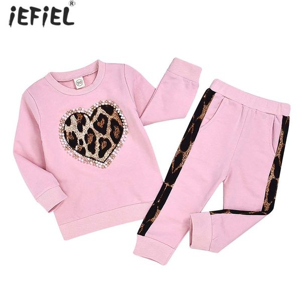 

spring children clothing toddler girls clothes pink long sleeve leopard pants outfit suit kids tracksuit for set sets, White