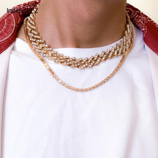

chains ingesight.z 2pcs/set full iced out rhinestones crystal miami cuban choker necklace multi layered clavicle necklaces neck jewelry, Silver