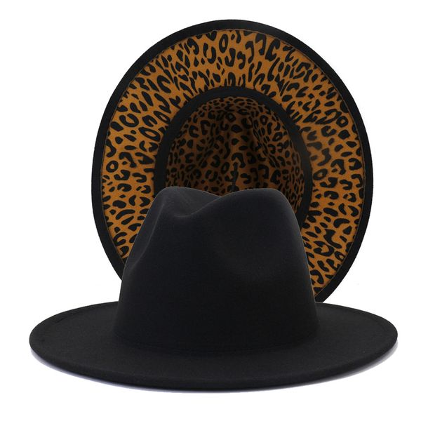 Neues Schwarz mit Leopardenboden, Patchwork-Wollfilz, Jazz-Fedora-Hüte für Männer und Frauen, breite Krempe, Panama, zweifarbig, für Party, Hochzeit, formelle Mütze