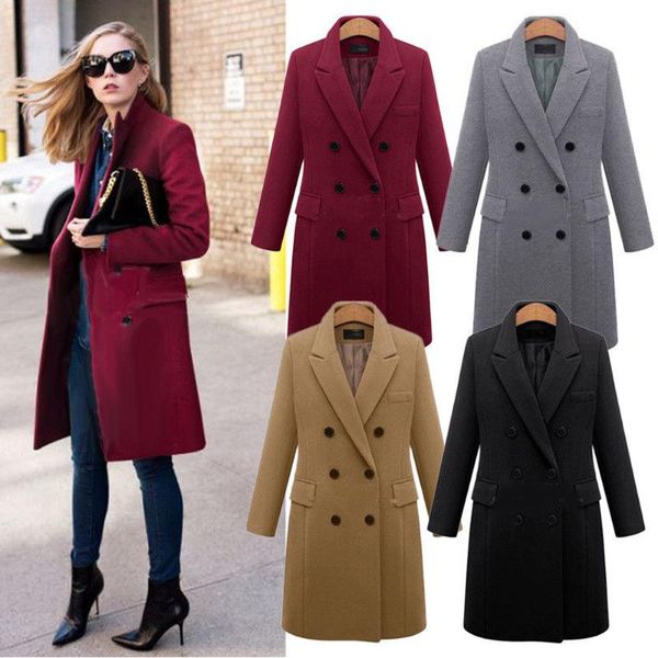 

women's wool & blends 2021 coat women plus size 5xl fashion autumn winter solid lapel long sleeve button pocket cashmere woolen, Black