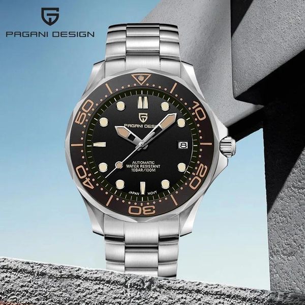 

wristwatches pagani design 007 brand waterproof 100m stainless steel watches ceramic bezel mechanical automatic men watch luxury clock man&#, Slivery;brown