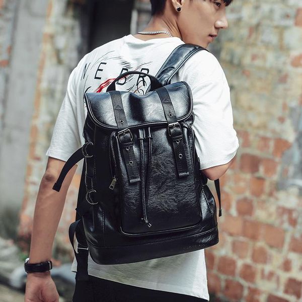 

backpack washed pu men's fashion all match black large capacity practical student bag