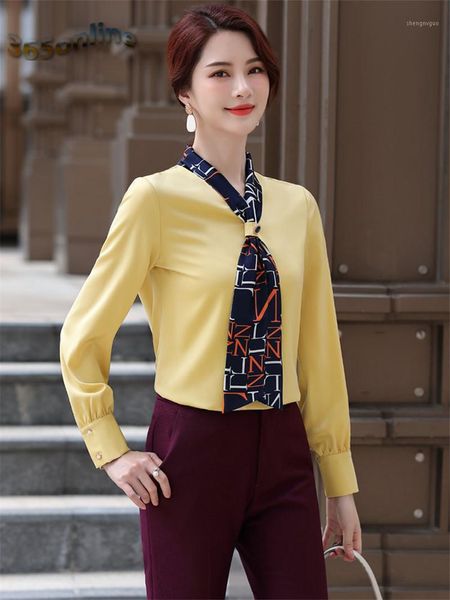 

long sleeve elegant yellow blouses shirts spring autumn ol styles women female blouse casual clothes with tie women's &, White