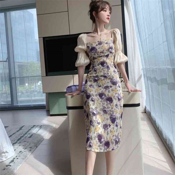 

summer women's floral square neck puff sleeve dress office lady knee-length collar polyester 210416, Black;gray