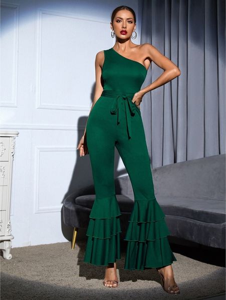 

one shoulder layered ruffle hem jumpsuit u11v#, White