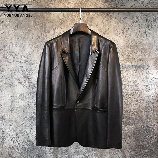

natural sheepskin jackets mens black casual slim short turn-down collar single button pockets genuine leather suit coat men's & faux